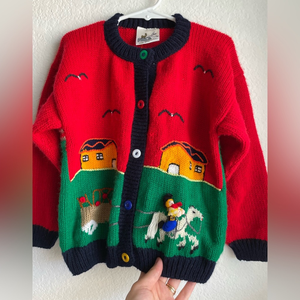 Colorful retro Kids hand knit cardigan with cowboy western design